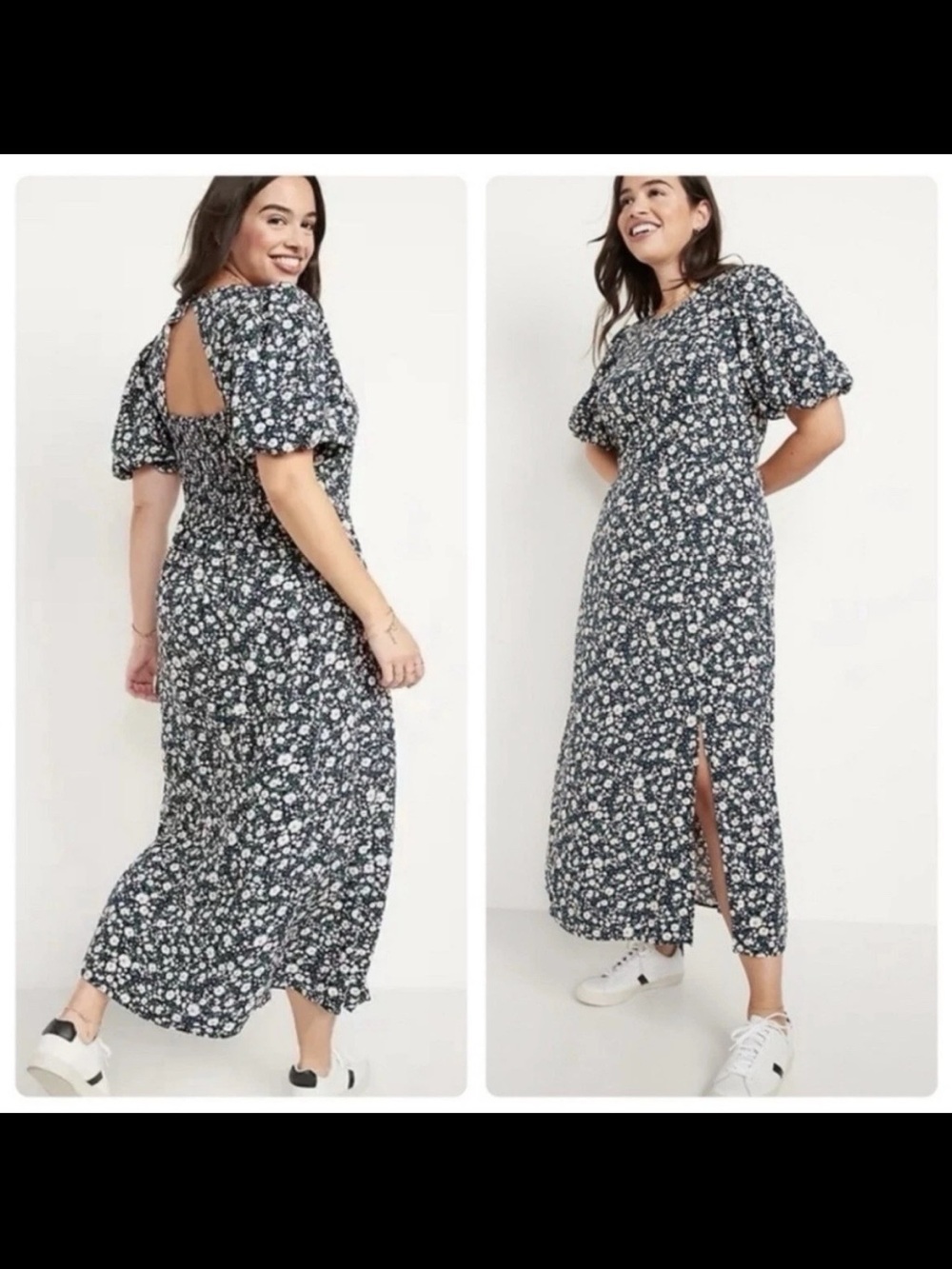 Old Navy Navy Floral Puff-Sleeve Maxi Dress with Back Cutout